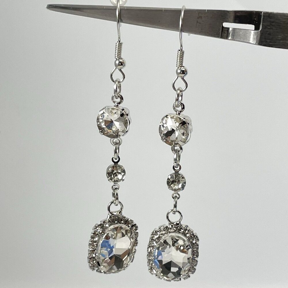 Silver Tone White Glass Halo Rhinestone Dangle Earrings Bling Hook Setting